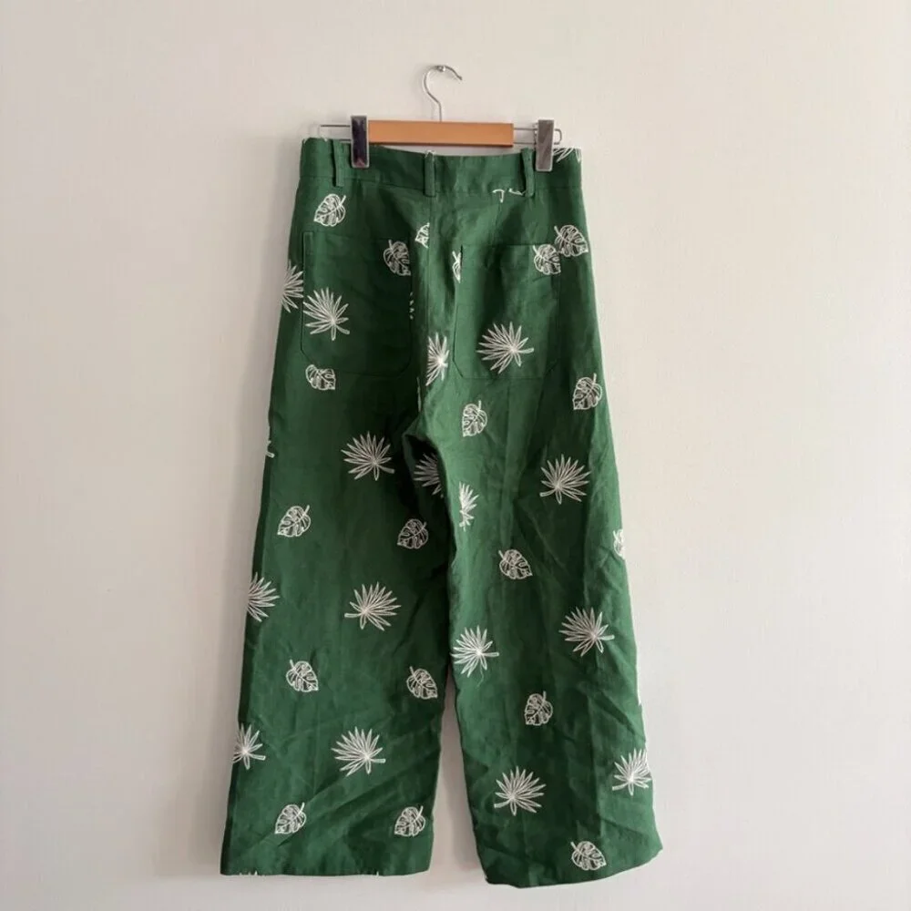 Zara Linen Khaki Wide Leg Palm Leaf Embroidered Culottes Pants Green Size Small